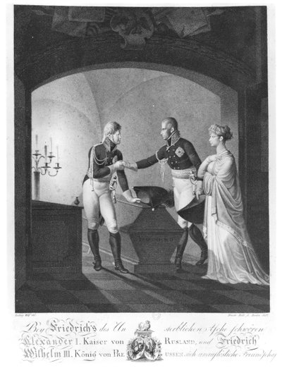 Near the ashes of Friederick II the Great of Prussia, Tsar Alexander I and King Friedrich Wilhelm III of Prussia swearing immortal friendship, at Potsdam in the night by Ulrich Ludwig Wolf